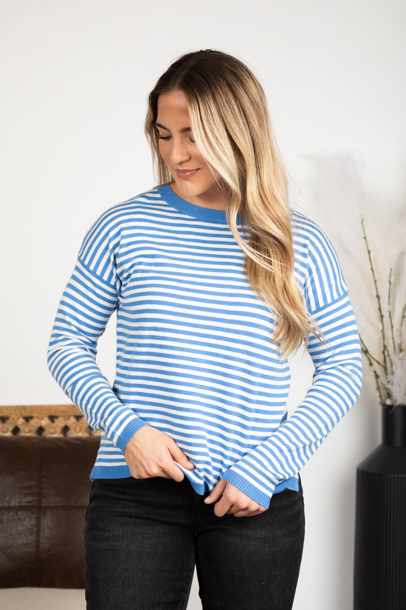 Striped Contrast Rib Detail Pullover Sweater