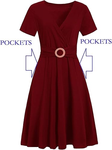 Women's Elegant Criss-Cross V Neck Vintage Short Sleeve Work Casual Fit and Flare Tea Dress with Pockets - Burgundy