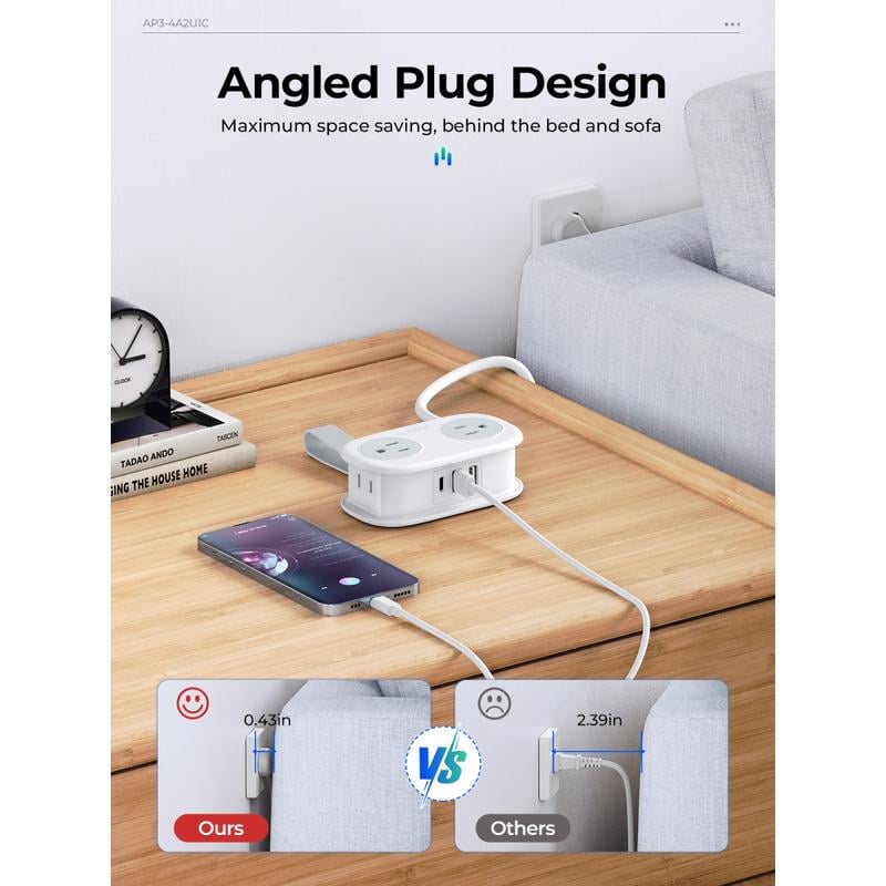 Travel Power Strip,4 Outlets 2 USB Ports (1 USB C) with 4FT Wrapped Short Extension Cord Small Power Strip