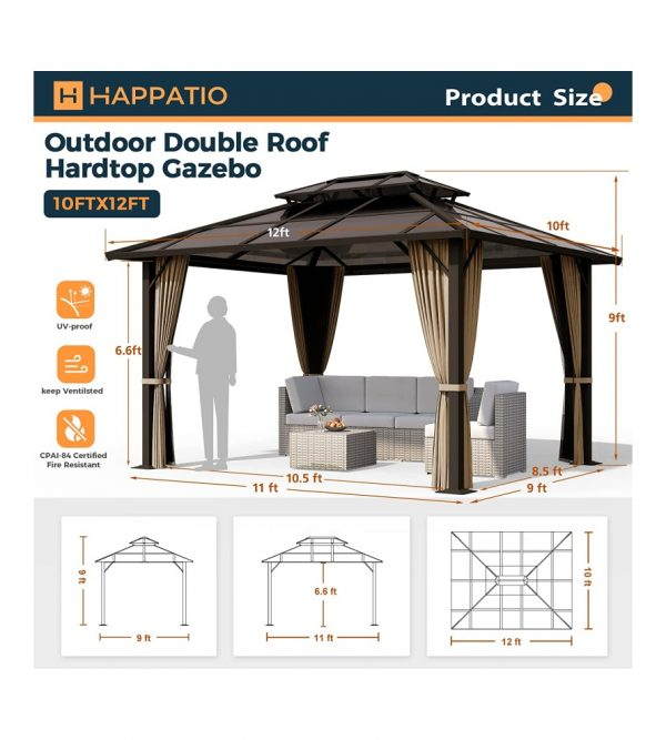 10’ftx 12′ft Hardtop Gazebo, Outdoor Polycarbonate Double Roof Aluminum Furniture Gazebo Canopy with Netting and Curtains for Backyard, Patio, Parties, Lawns (Brown)