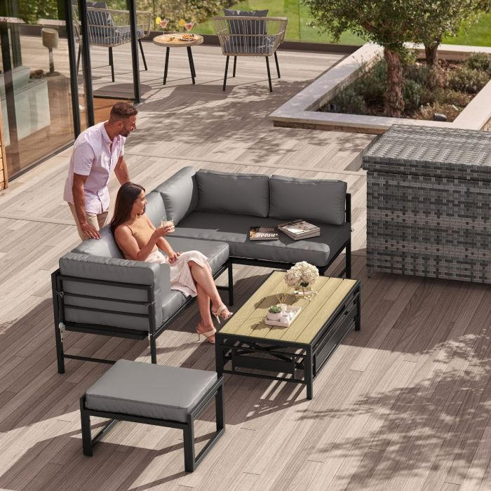 4PCS Patio Furniture Set, Sectional L-Shaped Sofa with Adjustable Armrest & Leveling Coffee Table, Metal Conversation Detachable Lounger Set for Patio Backyard Poolside Porch - Grey