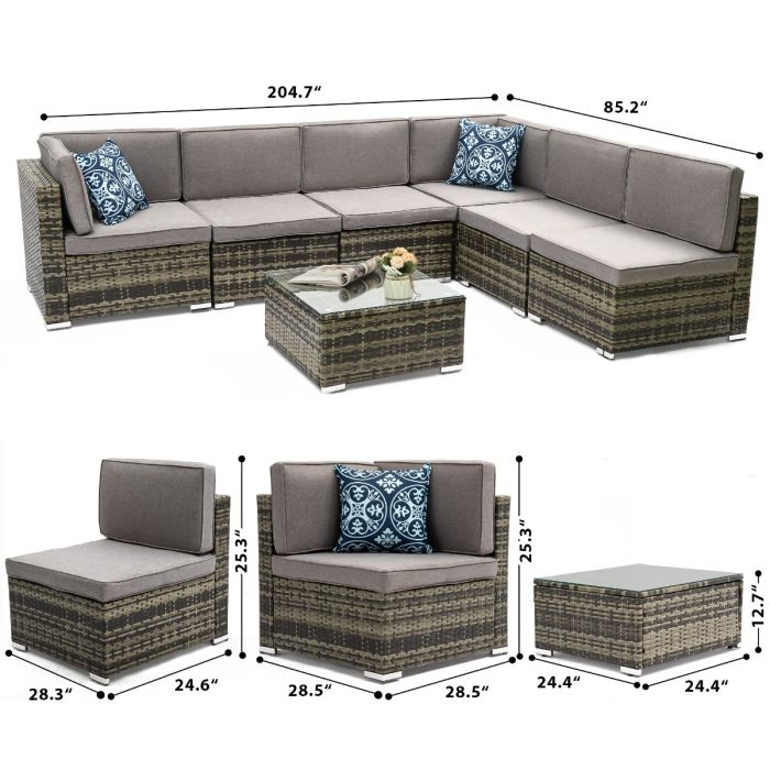 7Pcs Outdoor Patio Furniture Sets, Garden Conversation Wicker Sofa Set, and Patio Sectional Furniture Sofa Set with Coffee Table and Cushion for Lawn, Backyard, and Poolside, Gray Gradient
