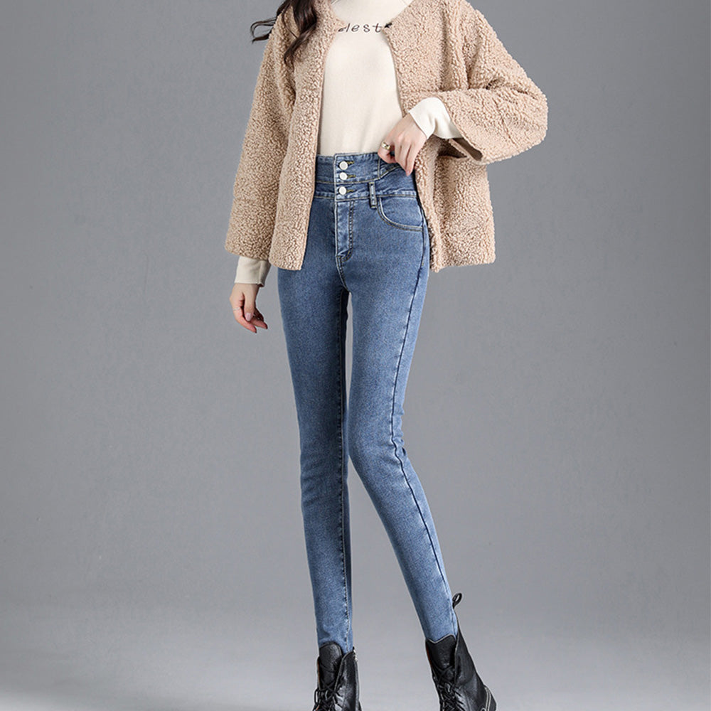 Castillotigo™ Pantalones vaqueros de cintura alta gruesos de lana de nueva moda de otoño e invierno para mujer