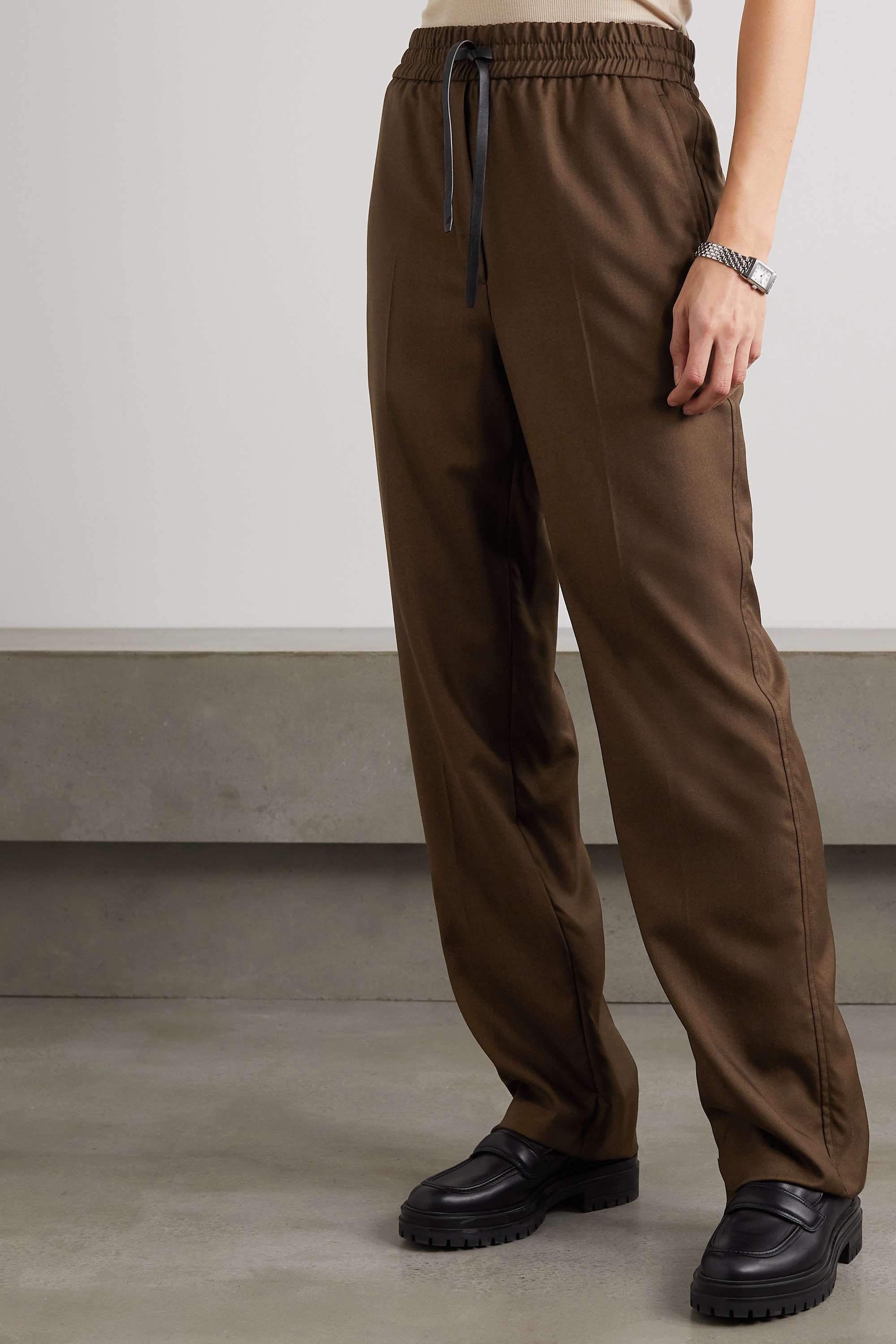 Leather-trimmed wool straight-leg pants