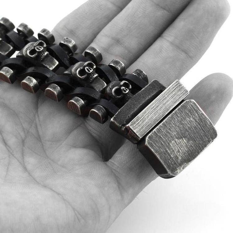 Death Chain Leather And Steel Skull Bracelet