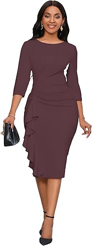 Church Dresses for Women 3/4 Sleeve Bodycon Ruffle Vintage Wear to Work Pencil Midi Dress - Seal Brown