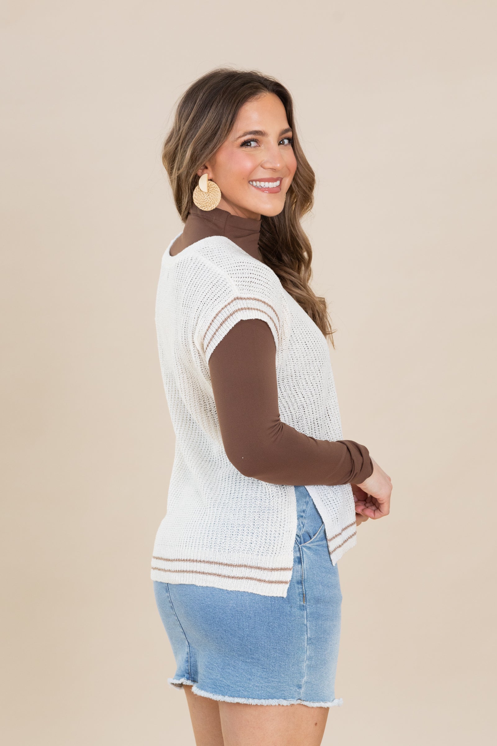 Cream V-Neck Sweater Accent Stripe Detail