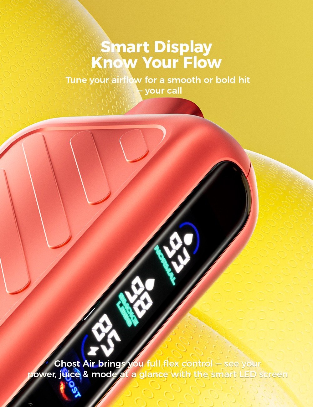 VAPEPIE Ghost Air smart LED display showing battery, juice level and mode