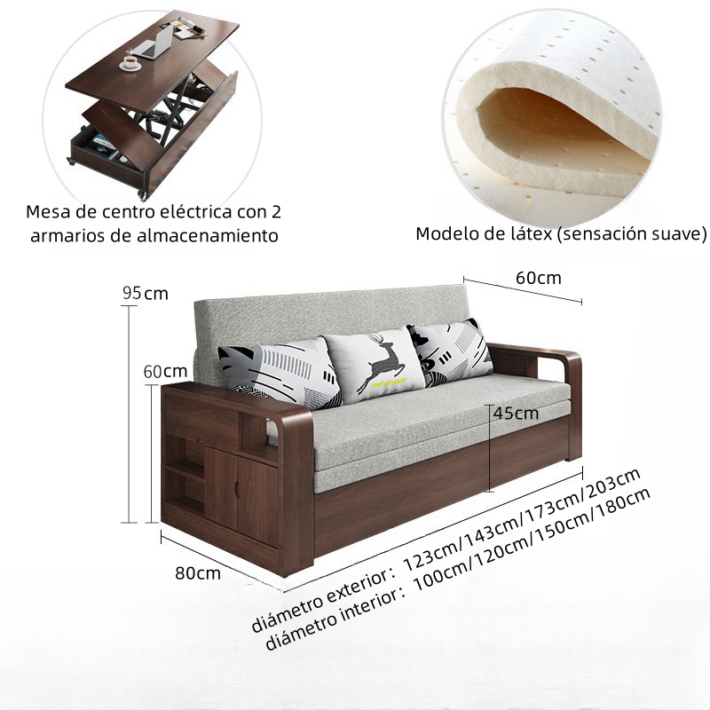 Sofá de madera maciza plegable con almacenamiento y cama retráctil.