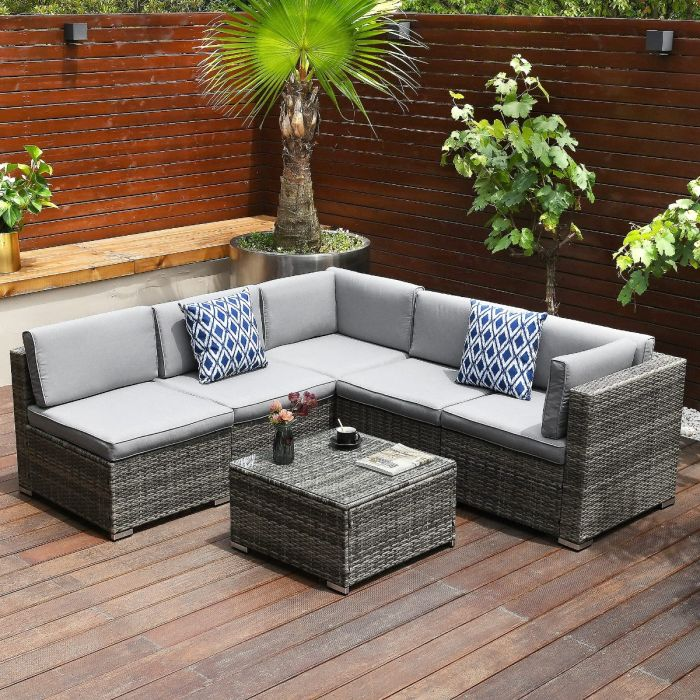 6Pcs Patio Furniture Set, Outdoor Sectional Sofa PE Rattan Wicker Conversation Set Outside Couch with Table and Cushions for Porch Lawn Garden Backyard, Grey