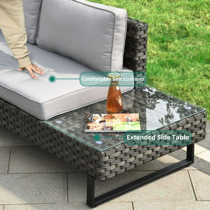4Pcs Patio Furniture Set, PE Rattan Sectional L-Shaped Sofa for Patio Backyard Poolside Porch, Wicker Conversation Set with Coffee Table & Cushions, Detachable Lounger - Grey