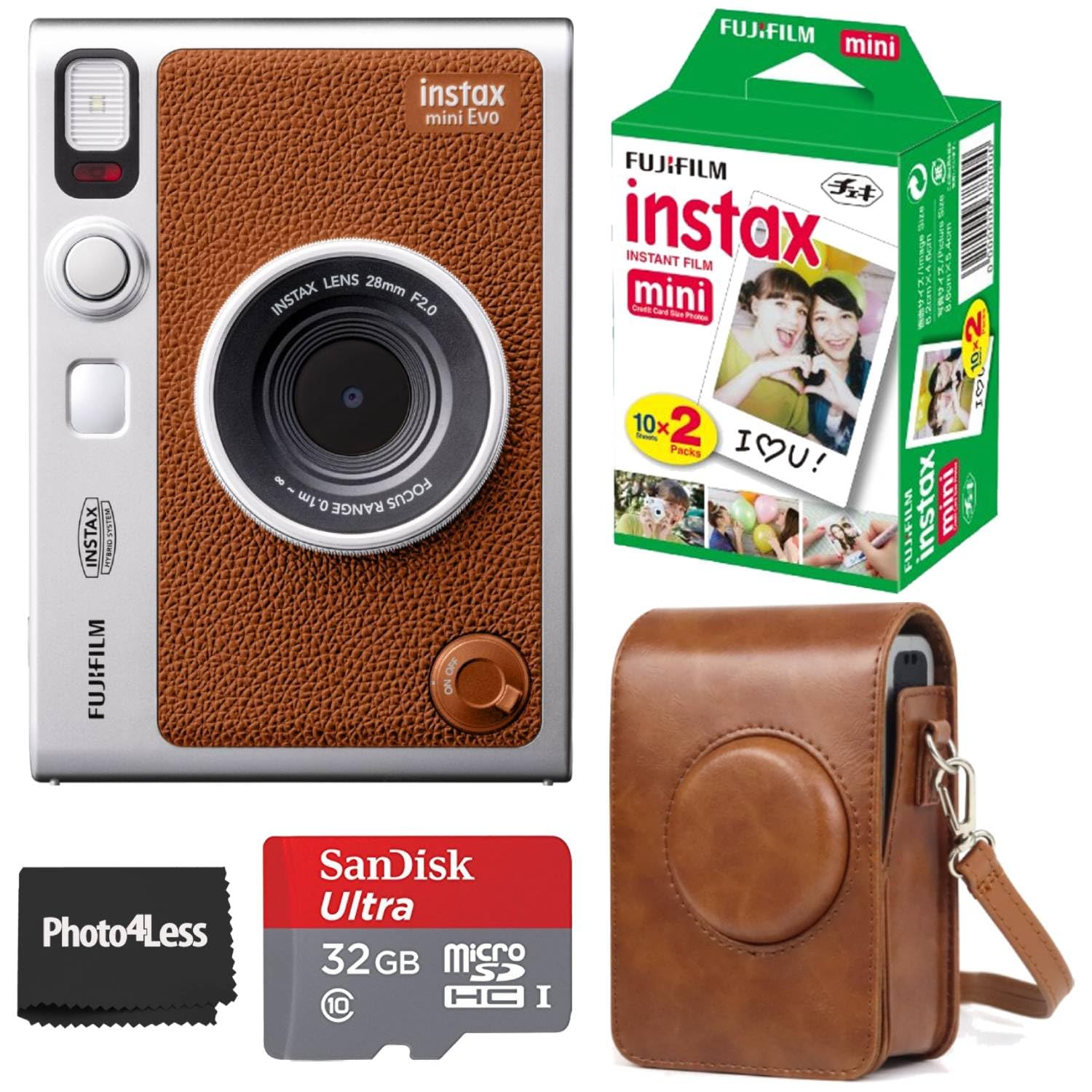 Fujifilm Instax Mini EVO Camera Kit con Instax Mini Instant Film, 20 hojas, tarjeta MicroSD de 32GB, funda protectora negra estilo retro