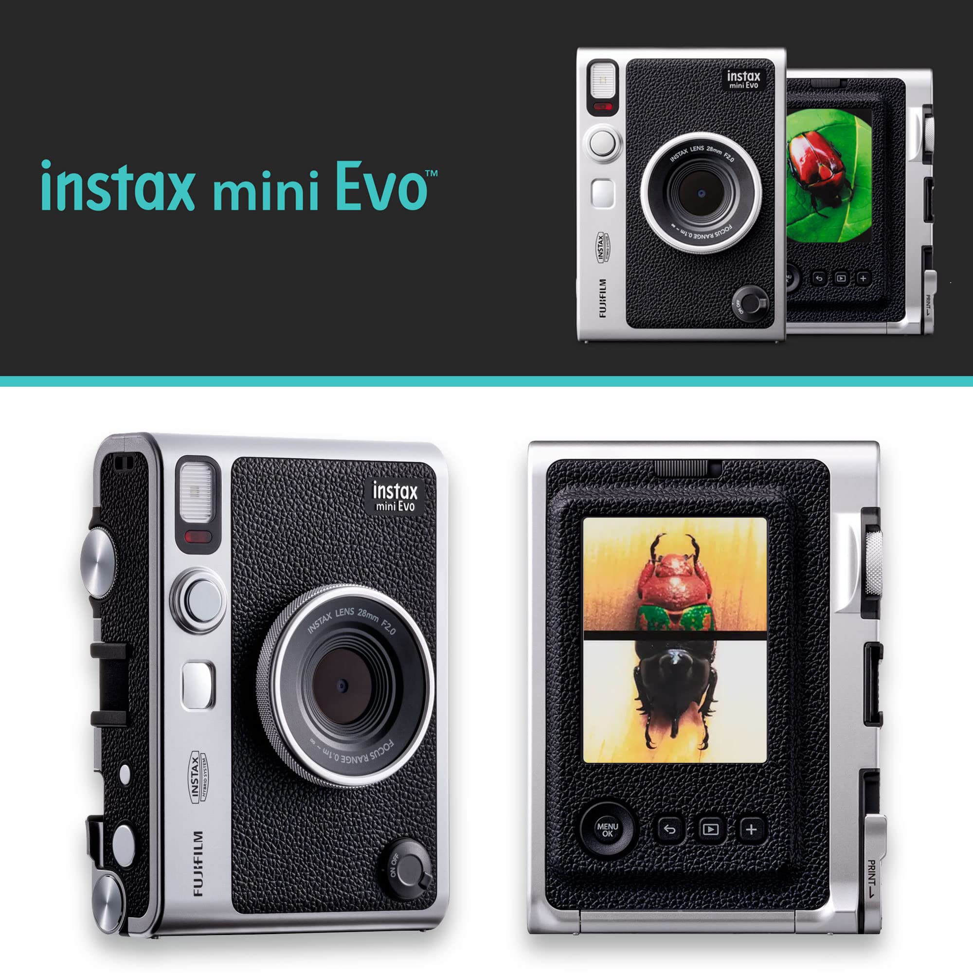 Fujifilm Instax Mini EVO Camera Kit con Instax Mini Instant Film, 20 hojas, tarjeta MicroSD de 32GB, funda protectora negra estilo retro