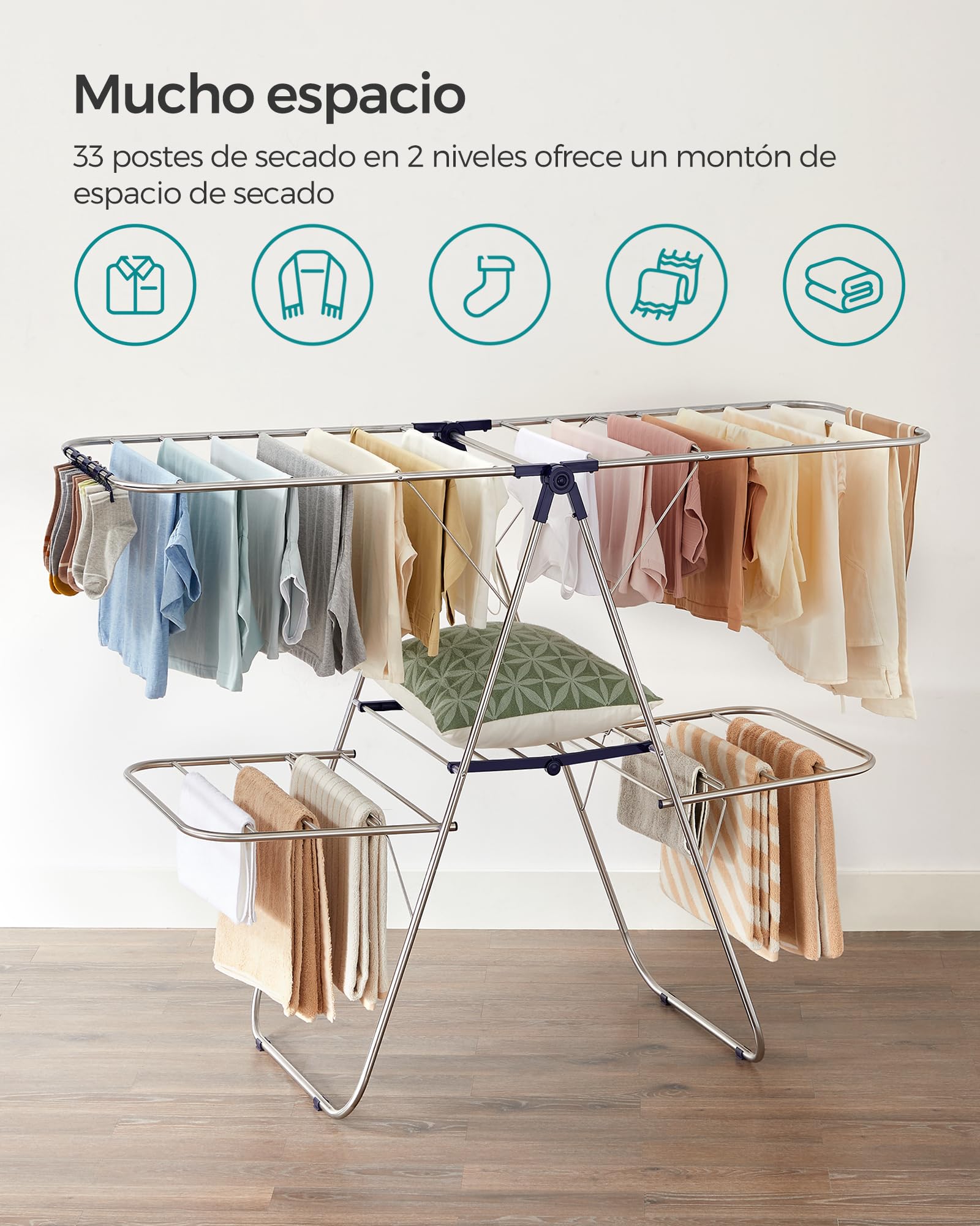 Tendedero plegable de 2 niveles con altura ajustable, 33 varillas para secar ropa, pinzas para calcetines