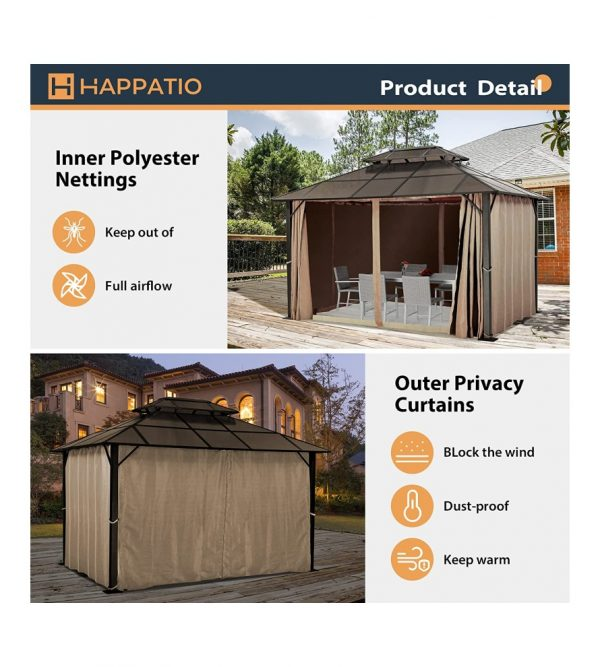 10’ftx 12′ft Hardtop Gazebo, Outdoor Polycarbonate Double Roof Aluminum Furniture Gazebo Canopy with Netting and Curtains for Backyard, Patio, Parties, Lawns (Brown)