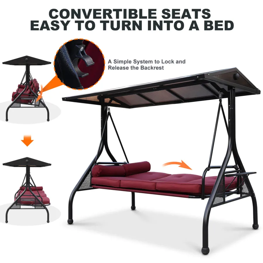 Sale Outdoor Porch Swings With Adjustable PC Canopy, 3 Cushions, 2 Cup Holders & 4 Pillows, Burgundy