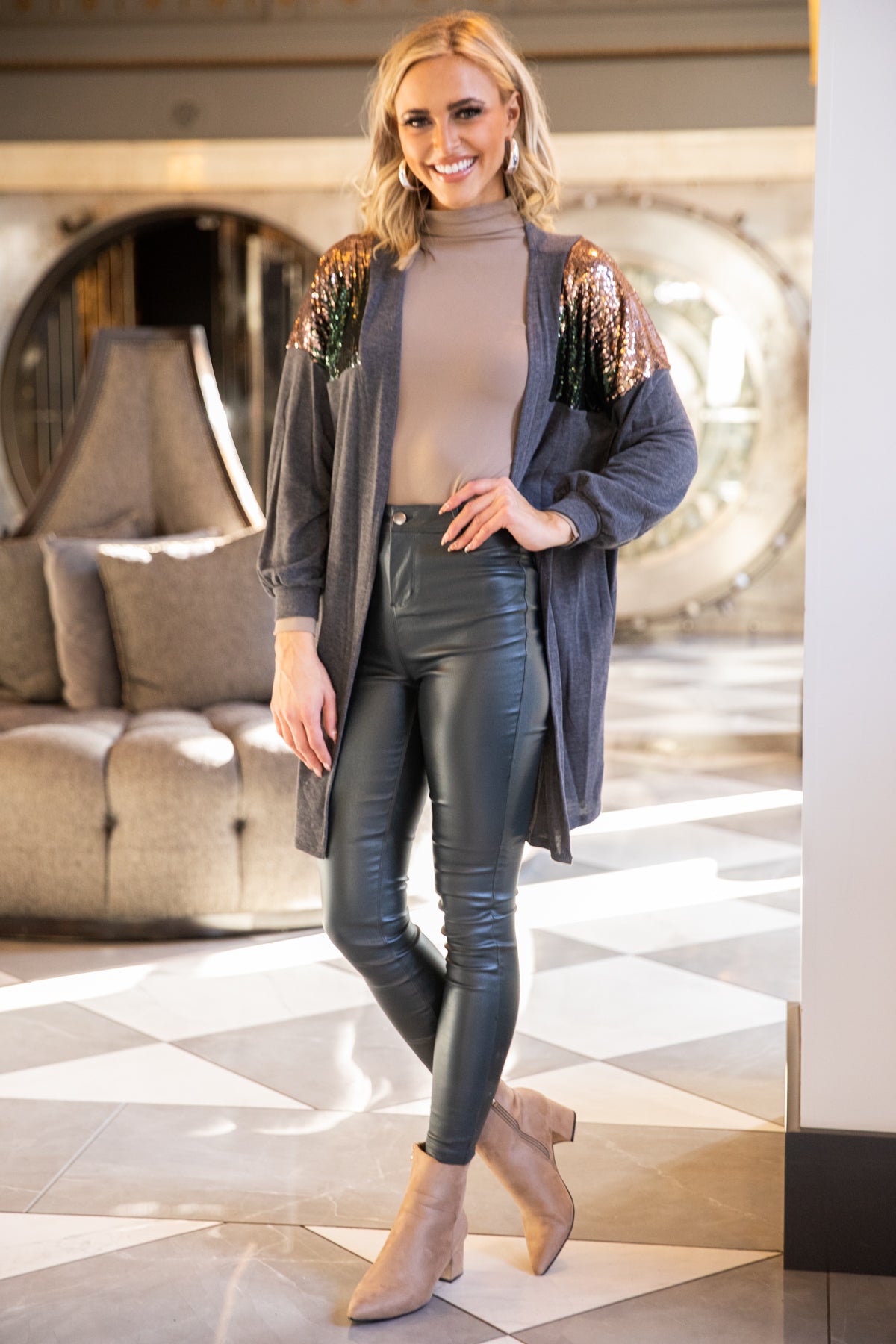 Grey Cardigan With Sequin Shoulders