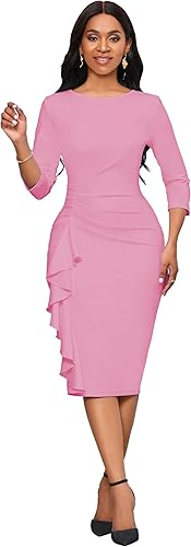 Church Dresses for Women 3/4 Sleeve Bodycon Ruffle Vintage Wear to Work Pencil Midi Dress - Pink