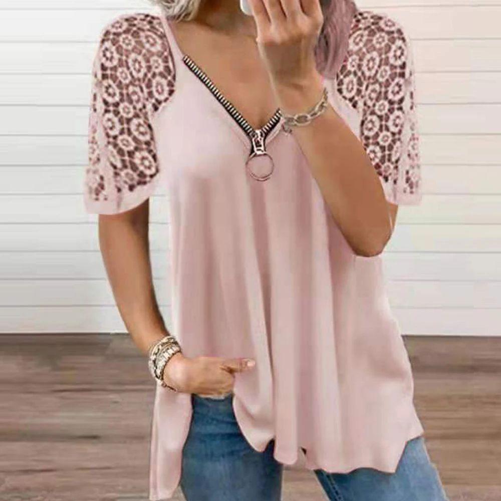 Higomore™ Casual Lace Tops Patchwork Summer V-Neck Hollow Out T-Shirt