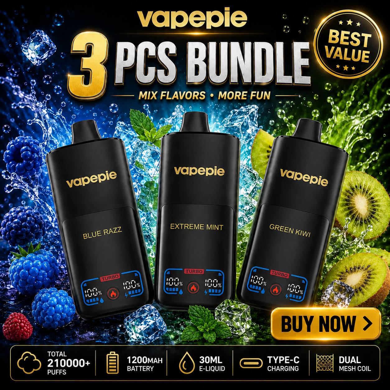 🏆 Wybierz 3 smaki ☛ VAPEPIE MEGA 70000 zaciągnięć