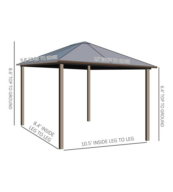 10′ft x 12′ ft Hardtop Gazebo Canopy with Galvanized Steel Roof, Aluminum Frame, Permanent Pavilion Outdoor Gazebo with Hooks, Netting and Curtains for Patio, Garden, Backyard, Brown