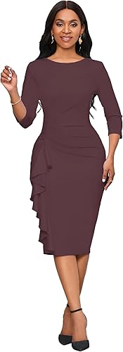 Church Dresses for Women 3/4 Sleeve Bodycon Ruffle Vintage Wear to Work Pencil Midi Dress - Seal Brown