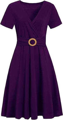 Women's Elegant Criss-Cross V Neck Vintage Short Sleeve Work Casual Fit and Flare Tea Dress with Pockets - Purple