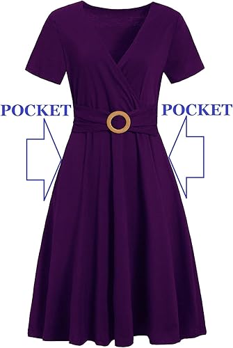 Women's Elegant Criss-Cross V Neck Vintage Short Sleeve Work Casual Fit and Flare Tea Dress with Pockets - Purple