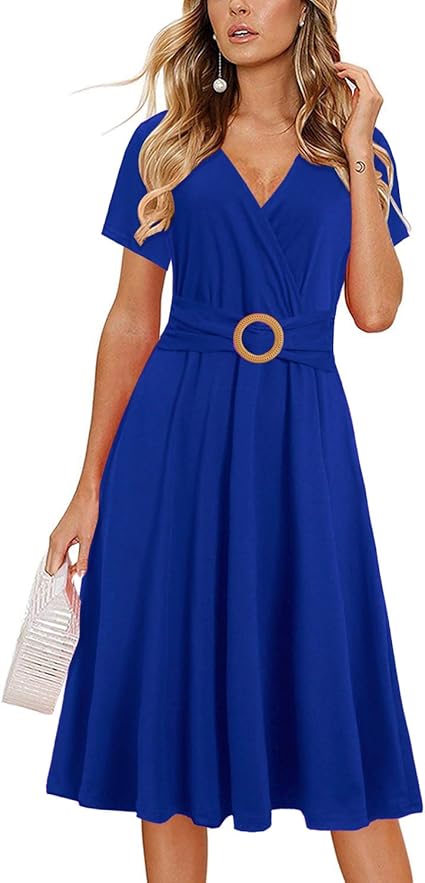 Women's Elegant Criss-Cross V Neck Vintage Short Sleeve Work Casual Fit and Flare Tea Dress with Pockets - Royal Blue