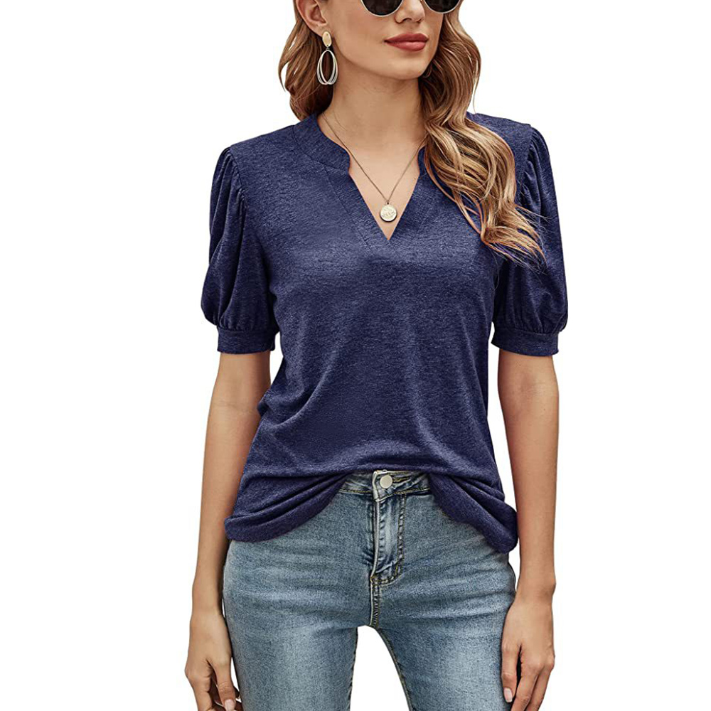 Castillotigo™ Camiseta holgada de manga farol de color liso con cuello en v