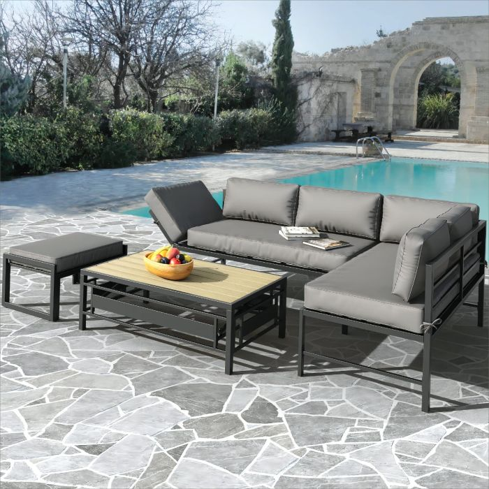 4PCS Patio Furniture Set, Sectional L-Shaped Sofa with Adjustable Armrest & Leveling Coffee Table, Metal Conversation Detachable Lounger Set for Patio Backyard Poolside Porch - Grey