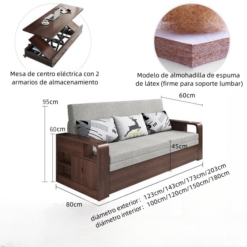 Sofá de madera maciza plegable con almacenamiento y cama retráctil.