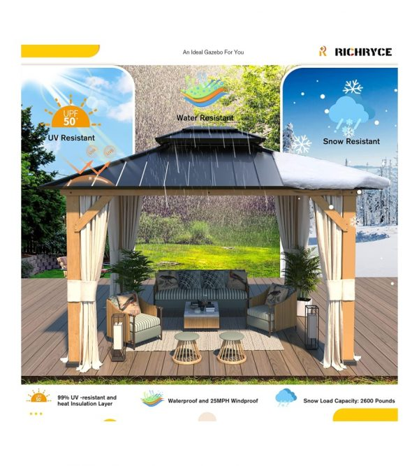 11′ft x 13′ft Solid Wood Gazebo, Hardtop Gazebo Plastic Sprayed Metal Roof Outdoor Gazebo Canopy Double Vented Roof Pergolas Wood Frame with Netting and Curtains for Garden, Patio, Lawns, Parties