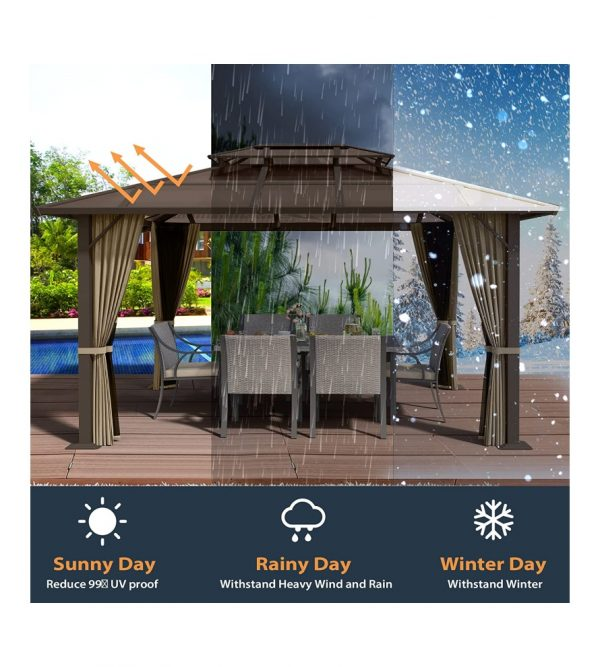 10’ftx 12′ft Hardtop Gazebo, Outdoor Polycarbonate Double Roof Aluminum Furniture Gazebo Canopy with Netting and Curtains for Backyard, Patio, Parties, Lawns (Brown)