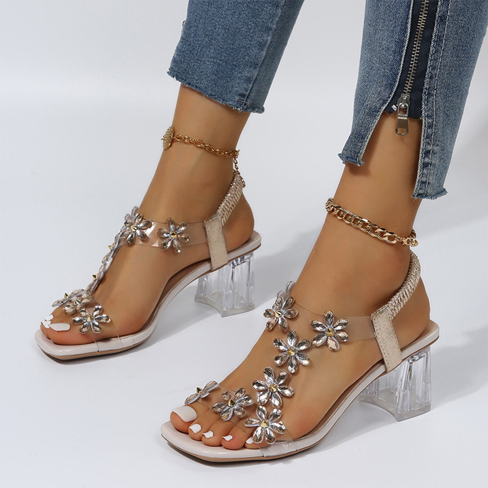Castillotigo™ Sandalias de diamantes de imitación de flores de tacón transparente de nueva moda