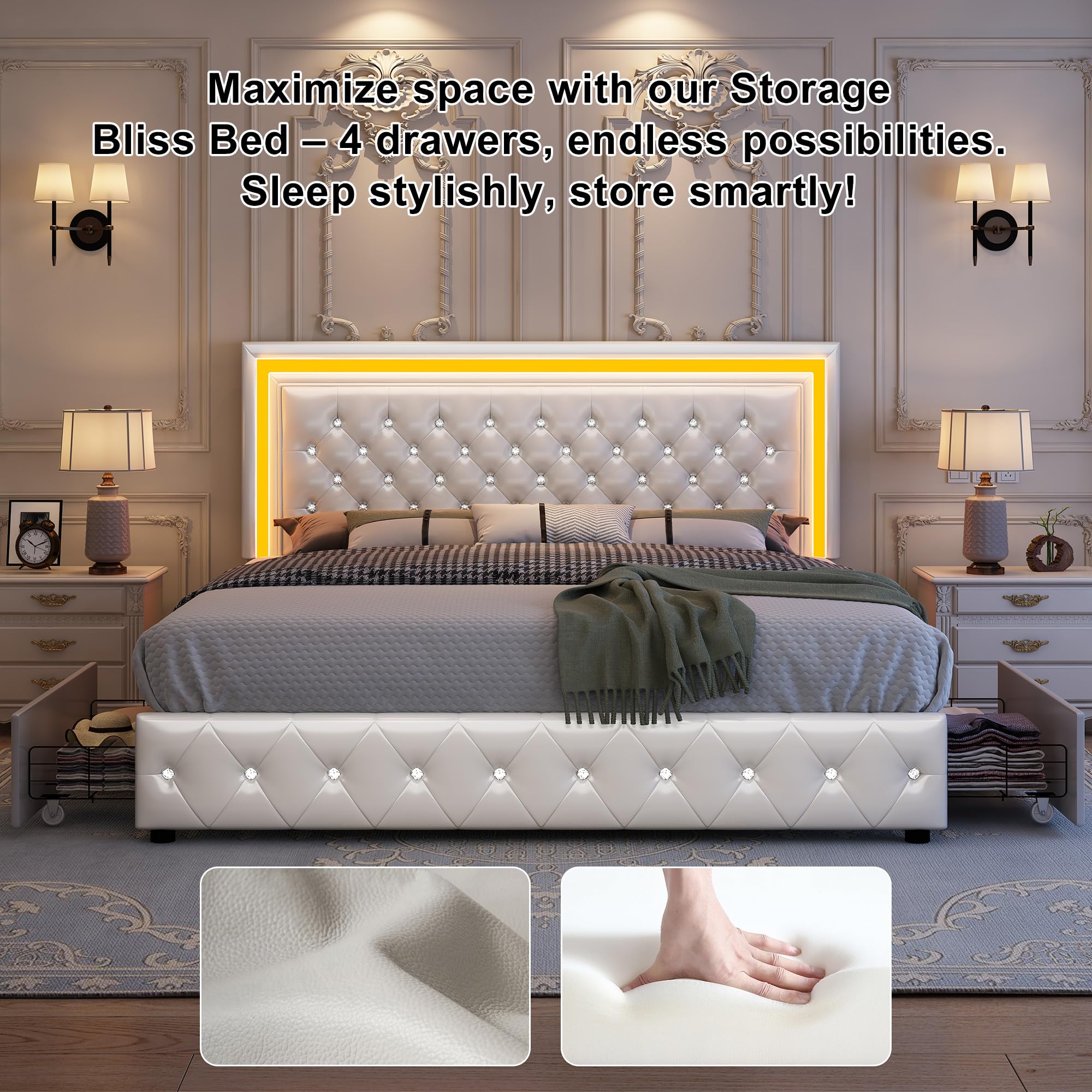 Base de cama LED Queen, cama con cajones de almacenamiento