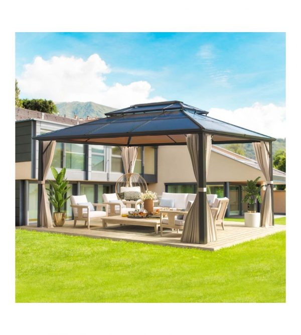 12’ftx16′ft Hardtop Gazebo, Outdoor Polycarbonate Double Roof Canopy, Aluminum Frame Permanent Pavilion with Curtains and Netting, Sunshade for Garden, Patio, Lawns