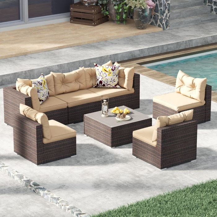 8Pcs Patio Furniture Set with Cover, All-Weather Rattan Patio Conversation Set,Outdoor Sectional Sofa PE Wicker Outside Couch with Table and Cushions for Porch Lawn Garden Backyard