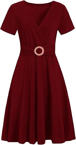 Women's Elegant Criss-Cross V Neck Vintage Short Sleeve Work Casual Fit and Flare Tea Dress with Pockets - Burgundy