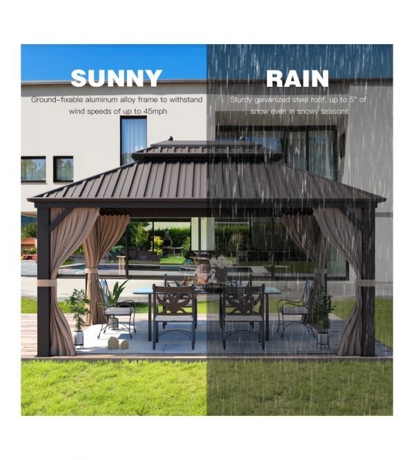 10′ft X 13′ft Hardtop Gazebo Galvanized Steel Outdoor Patio Gazebo Canopy Double Roof Pergolas Aluminum Frame with Netting and Curtains for Garden, Patio, Lawns, Parties