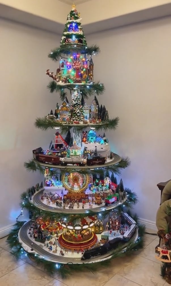 🎄Árbol de Navidad con rueda de la fortuna (con trenes, rueda de la fortuna, casas iluminadas)