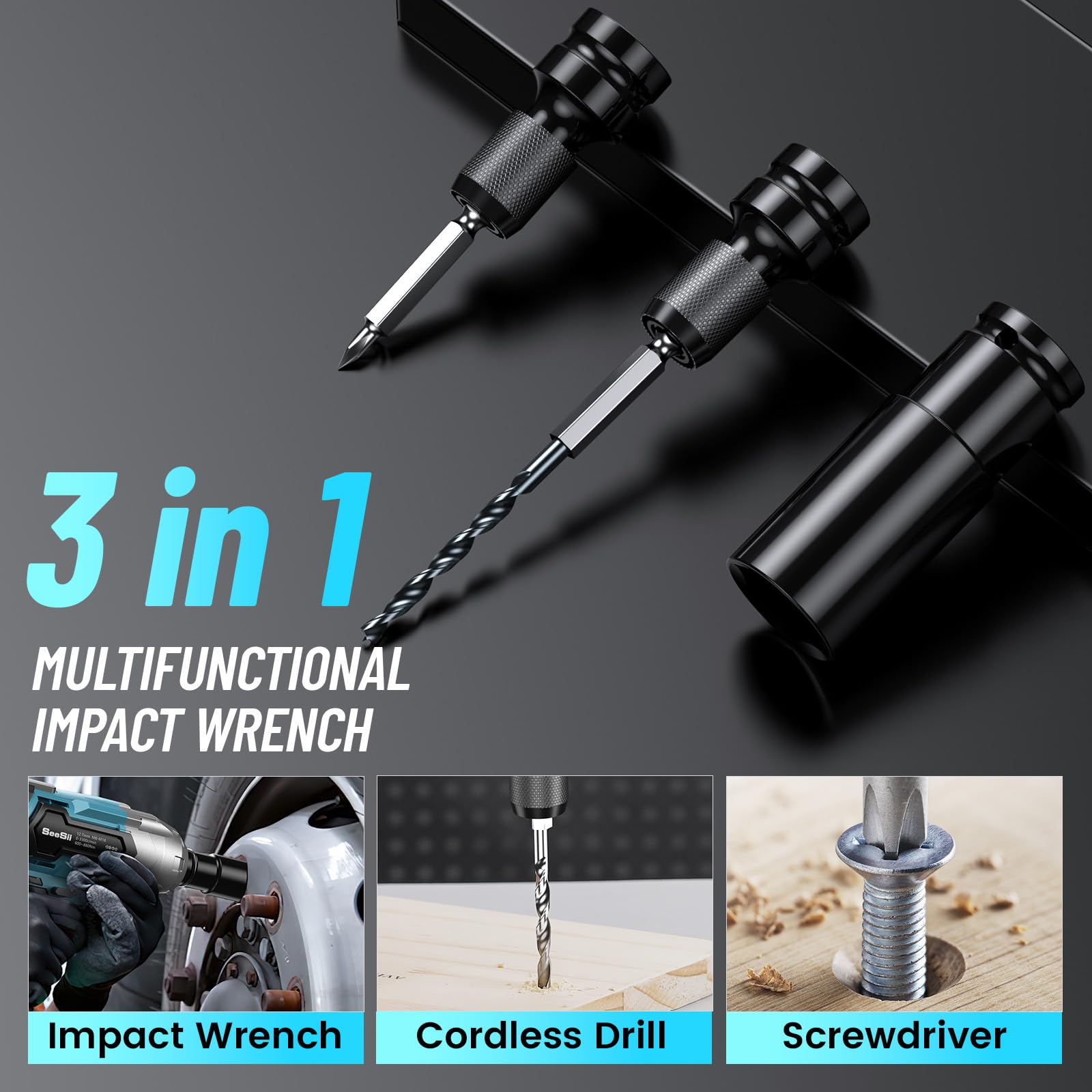 SEESII Llave de impacto sin escobillas eléctricas, con 2 baterías 4.0, 6 enchufes, 9 taladros, 6 tornillos, 6 tornillos, 6 tornillos