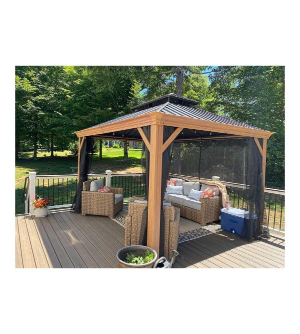 10′ft X 12′ft Outdoor Hardtop Gazebo for Patio Galvanized Steel Double Roof Permanent Canopy Teak Finish Coated Aluminum Frame Pavilion Gazebo with Netting