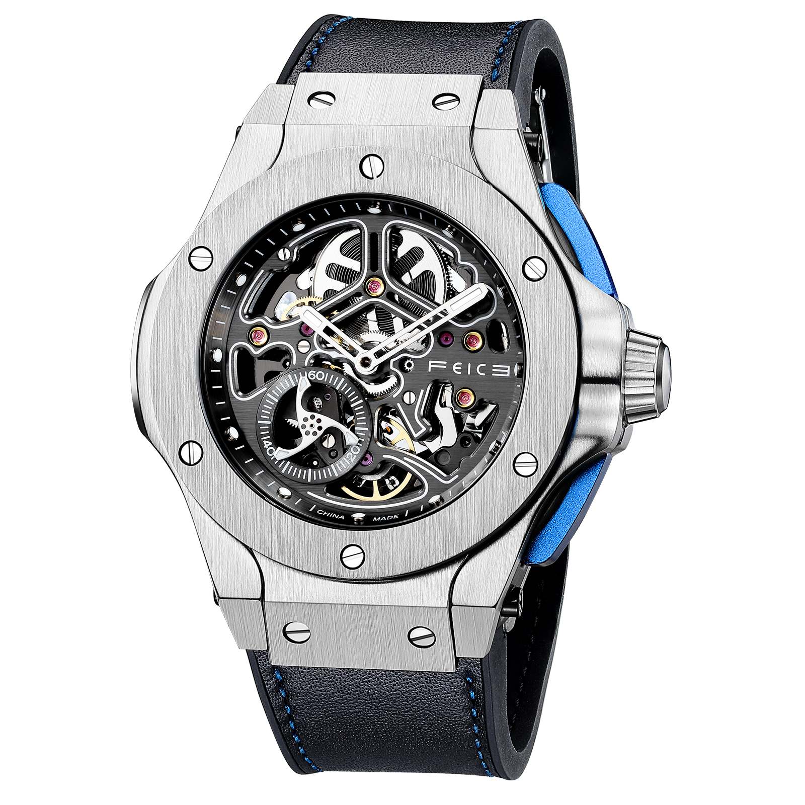 FM701 Skeleton Automatic Watch Men Analog With Stainless Steel Sapphire Mirror Black Silicone Strap