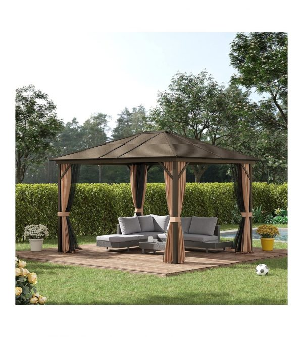 10′ft x 12′ ft Hardtop Gazebo Canopy with Galvanized Steel Roof, Aluminum Frame, Permanent Pavilion Outdoor Gazebo with Hooks, Netting and Curtains for Patio, Garden, Backyard, Brown