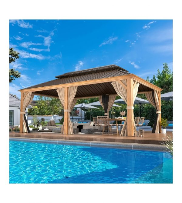 12′ft x 20′ft  Aluminum Wood Grain Hardtop Gazebo, Outdoor Aluminum Double Roof with Privacy Curtain and Mosquito Net for Patio, Lawn, Garden, Deck(Wood Looking)