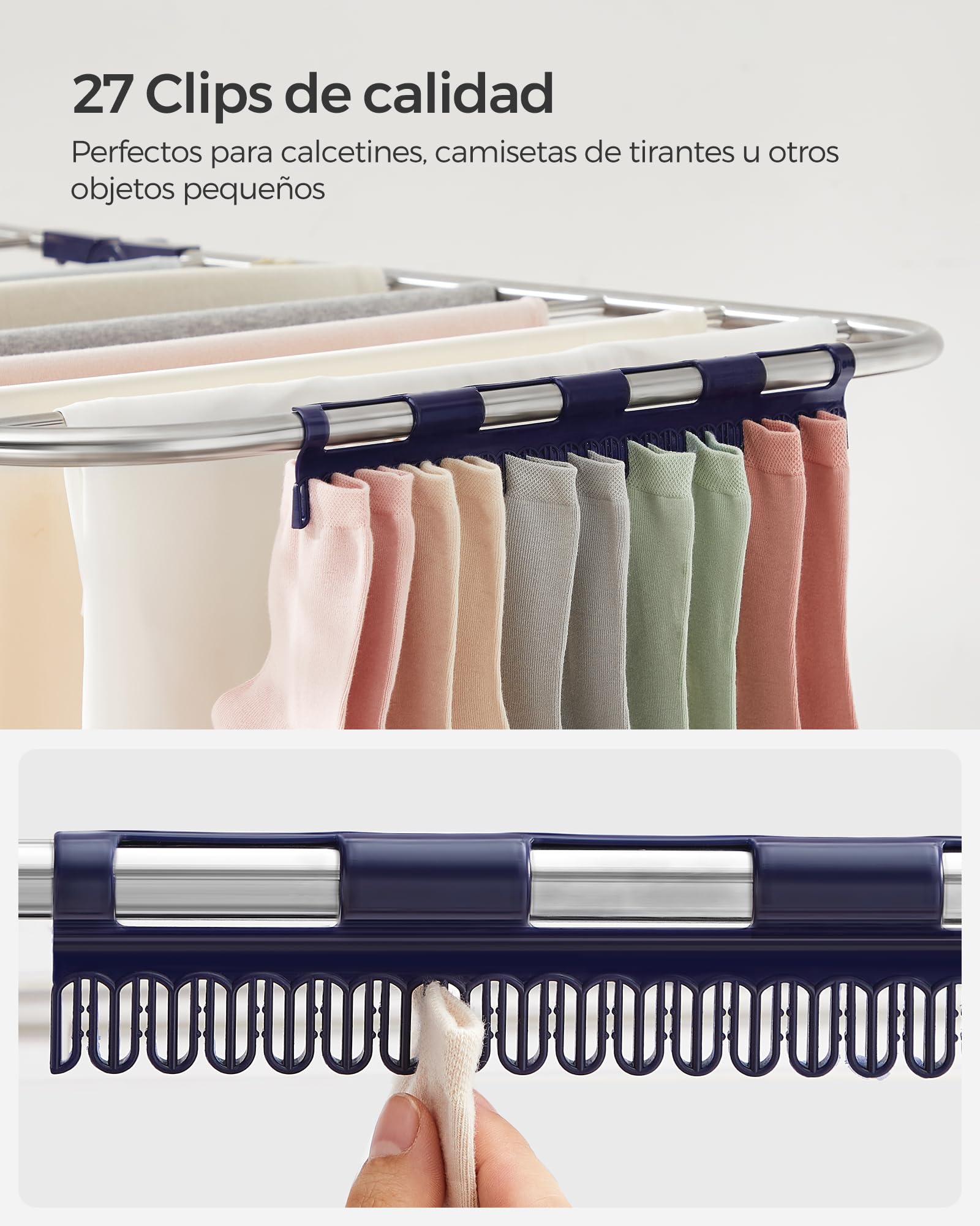 Tendedero plegable de 2 niveles con altura ajustable, 33 varillas para secar ropa, pinzas para calcetines