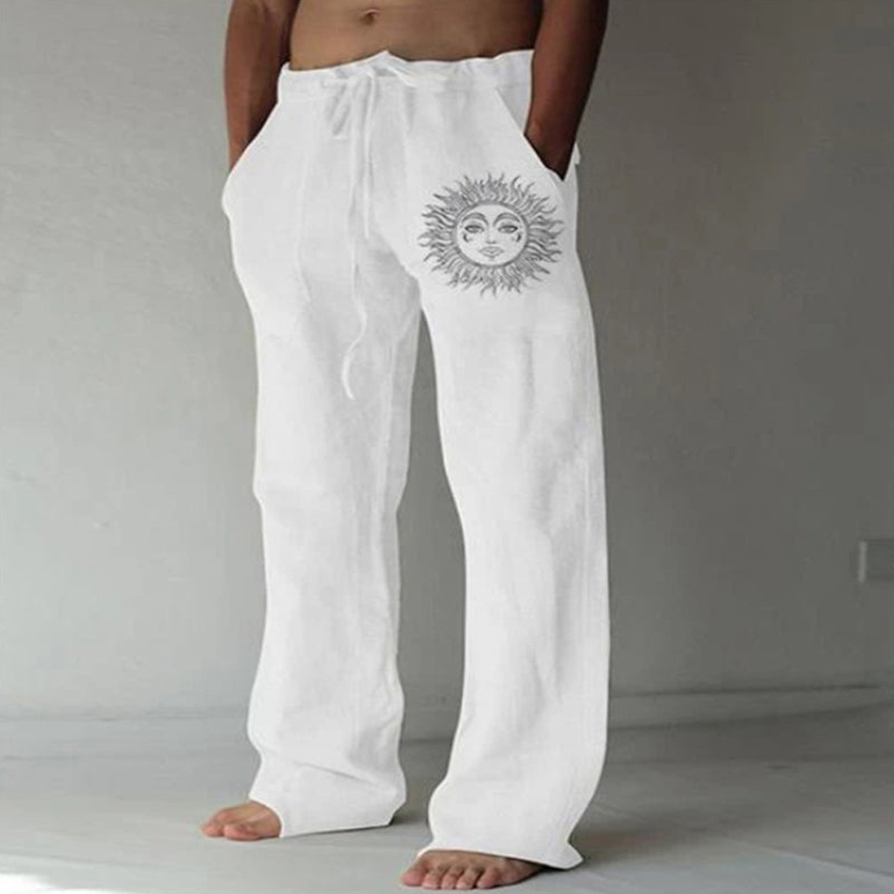 Castillotigo™ Pantalones casuales con estampado de sol bohemio de lino y algodón para hombre