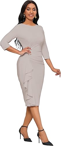 Church Dresses for Women 3/4 Sleeve Bodycon Ruffle Vintage Wear to Work Pencil Midi Dress - Apricot