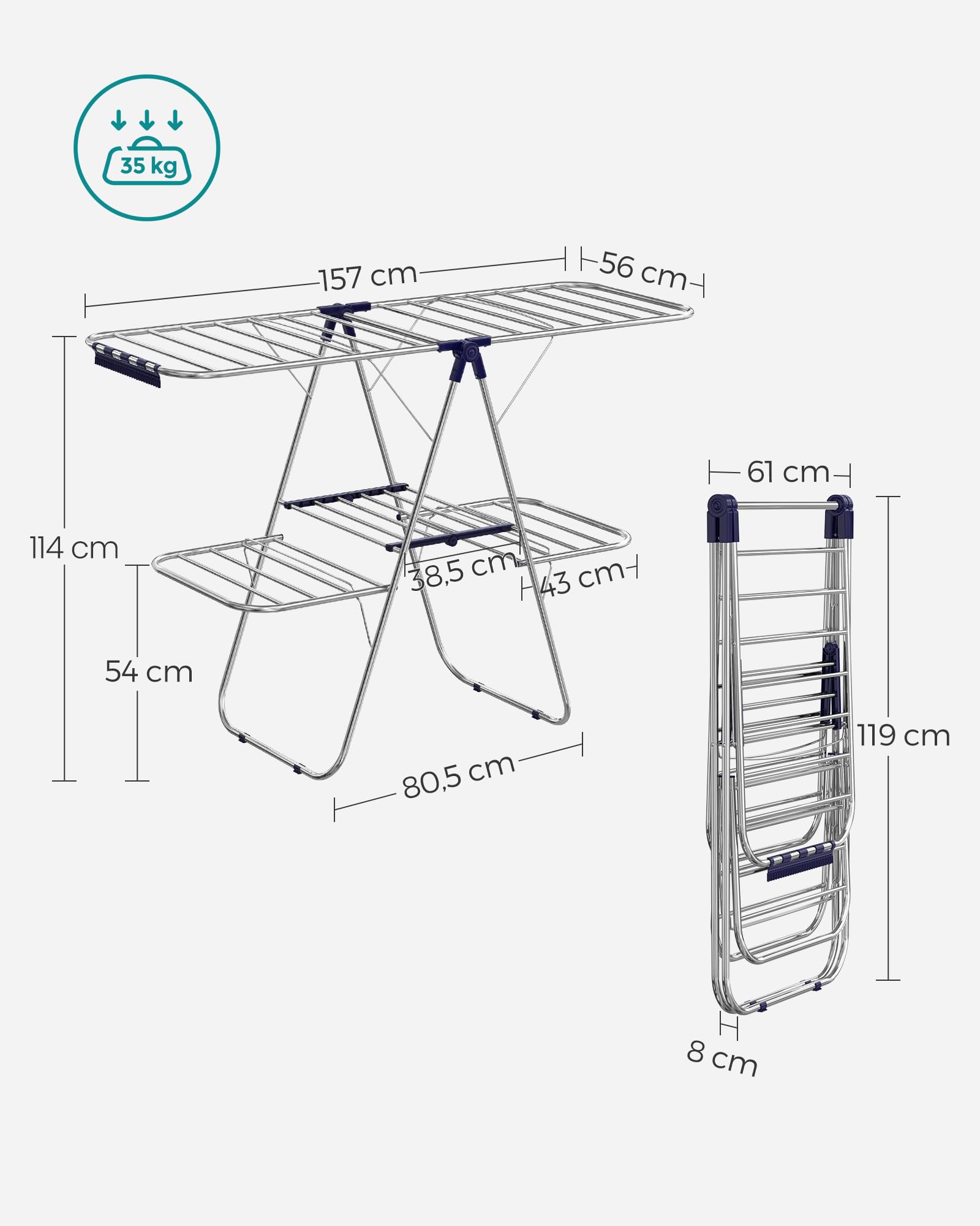 Tendedero plegable de 2 niveles con altura ajustable, 33 varillas para secar ropa, pinzas para calcetines